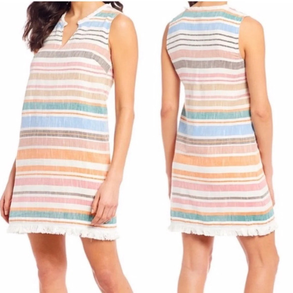 Chelsea & Theodore Multi Striped Sleeveless Dress Fringe Hem Size Small NWT - Picture 1 of 9